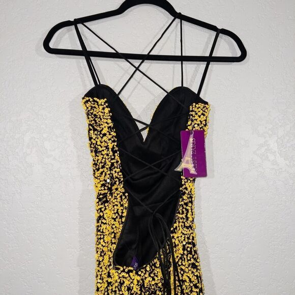 NWT Abby Paris x Lucci Lu 90163 Black‎ & Yellow Sequins High Slit Gown Size 8 - Picture 5 of 11